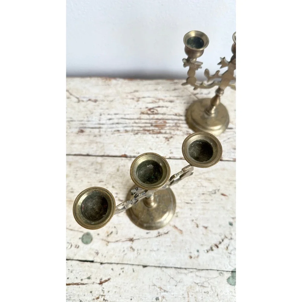 Vintage Brass Dragon Candelabra Pair 3 Light Etched Taper Holders India